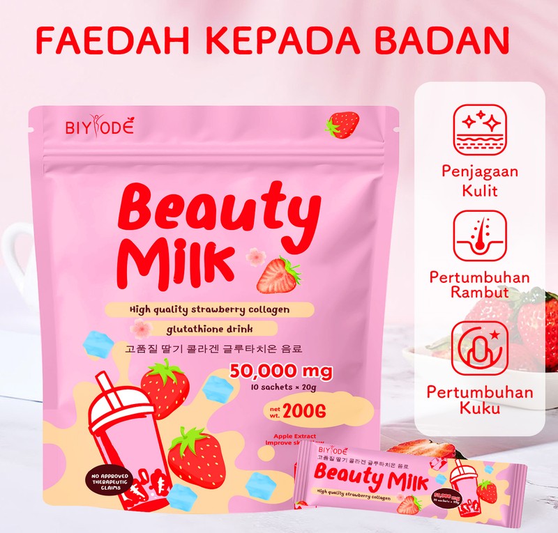 BIYODE Beauty Milk Strawberry Collagen & Glutathione Drink Mix – 10 Sachets