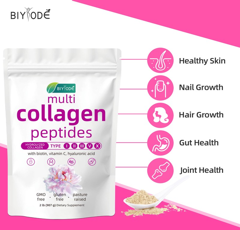 BIYODE Multi Collagen Peptides Powder with Biotin, Vitamin C & Hyaluronic Acid – 2 lb