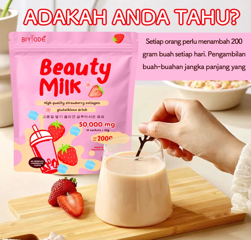 BIYODE Beauty Milk Strawberry Collagen & Glutathione Drink Mix – 10 Sachets