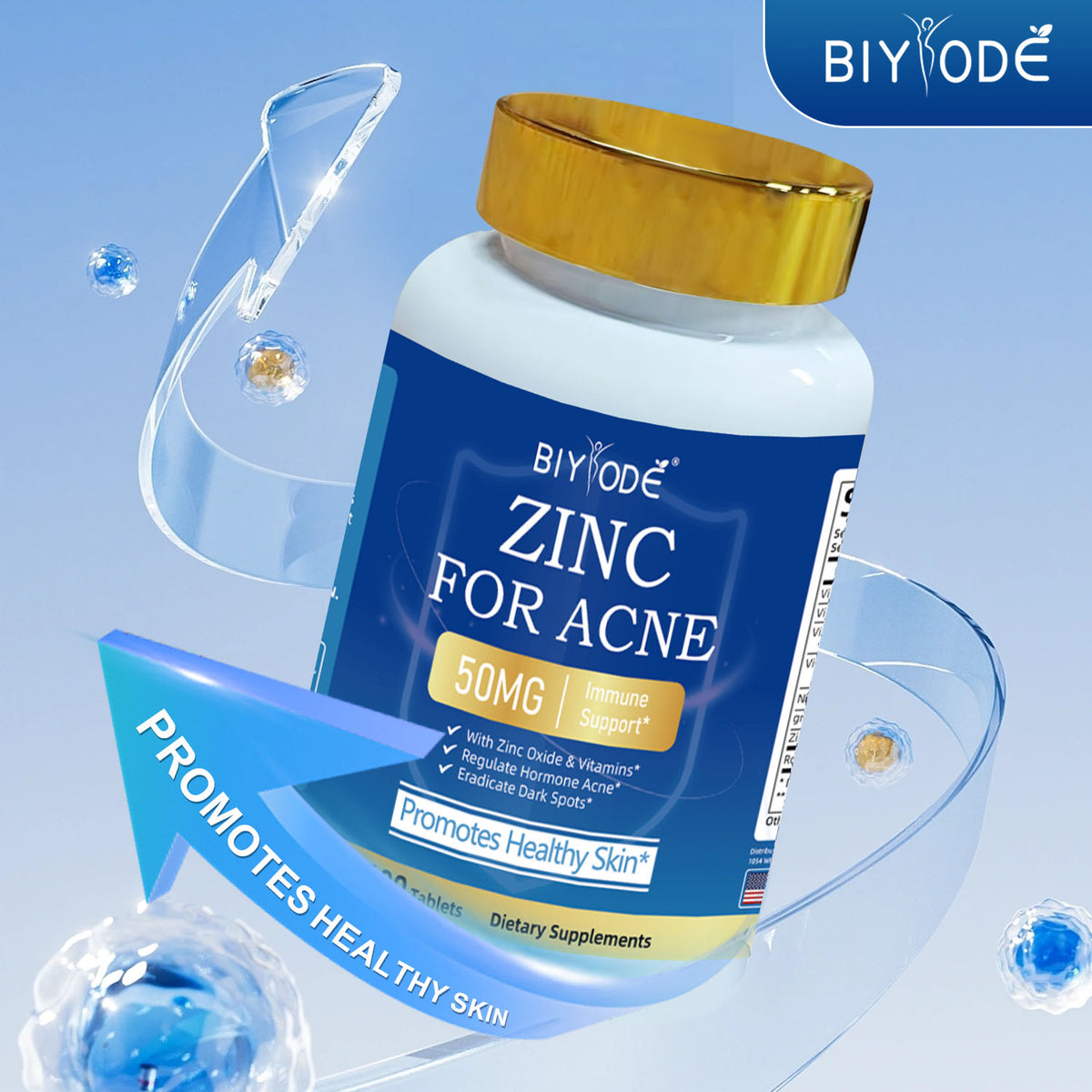 BIYODE Zinc 50 mg Tablets for Healthy Skin & Immune Support - 100 Count
