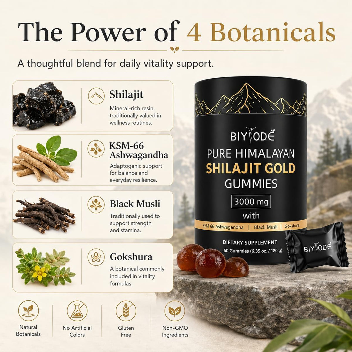 Pure Himalayan Shilajit Gold Gummies 3000mg with KSM-66® Ashwagandha, Black Musli & Gokshura