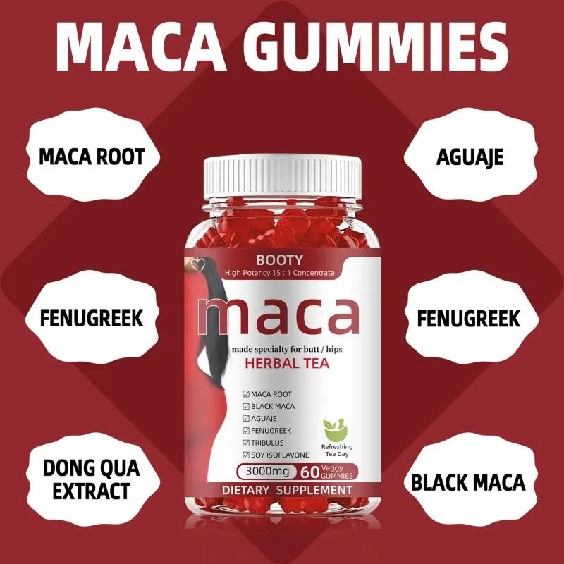 Maca Booty Herbal Tea Gummies – Healthy Curves & Hips Support Supplement with Maca Root for Women | 3000mg 60 Veggie Gummies