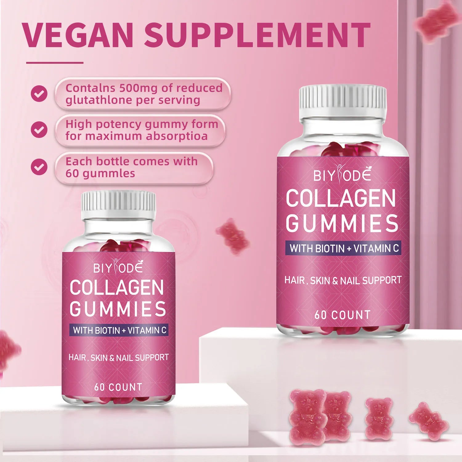 Collagen Gummies with Biotin & Vitamin C | Hair, Skin & Nail Support Supplement | 60 Count