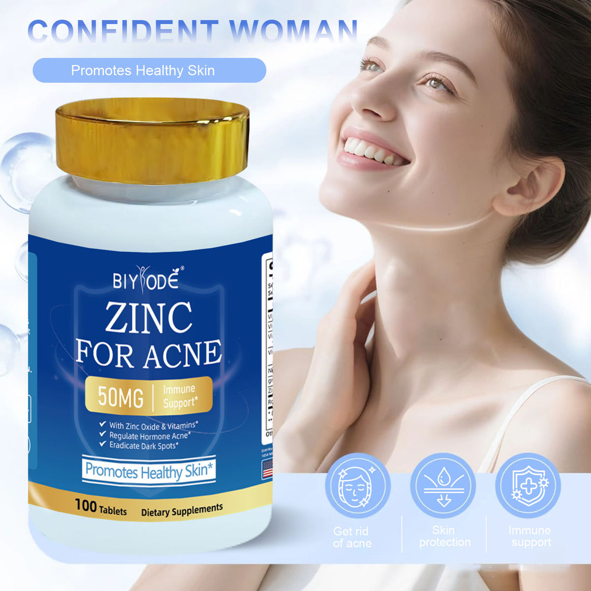 BIYODE Zinc 50 mg Tablets for Healthy Skin & Immune Support - 100 Count