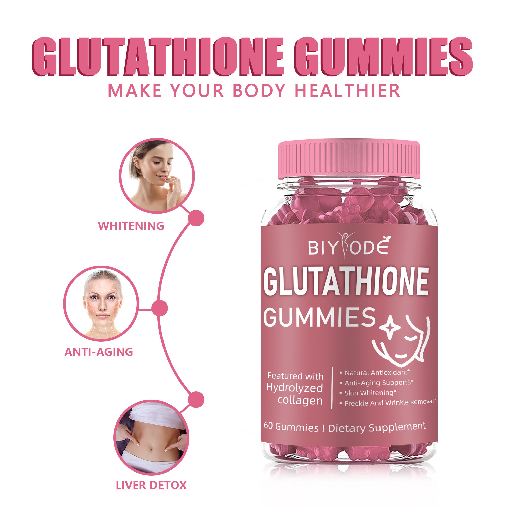 BIYODE Glutathione Collagen Gummies for Dark Spot, 60 Pieces/Bottle Korea