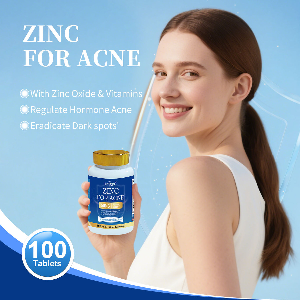 BIYODE Zinc 50 mg Tablets for Healthy Skin & Immune Support - 100 Count