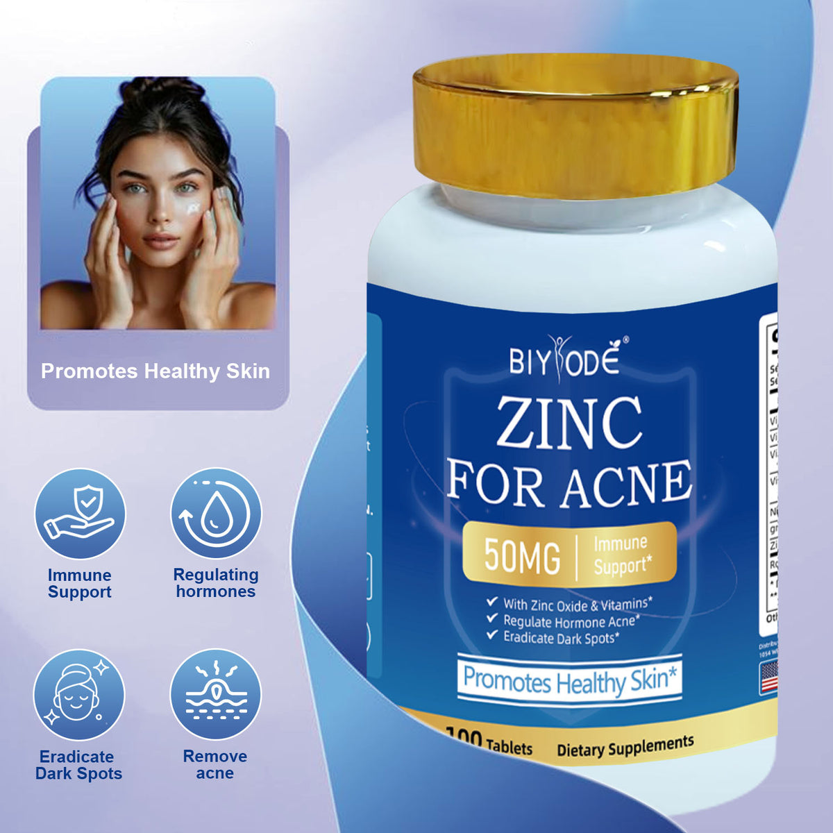 BIYODE Zinc 50 mg Tablets for Healthy Skin & Immune Support - 100 Count