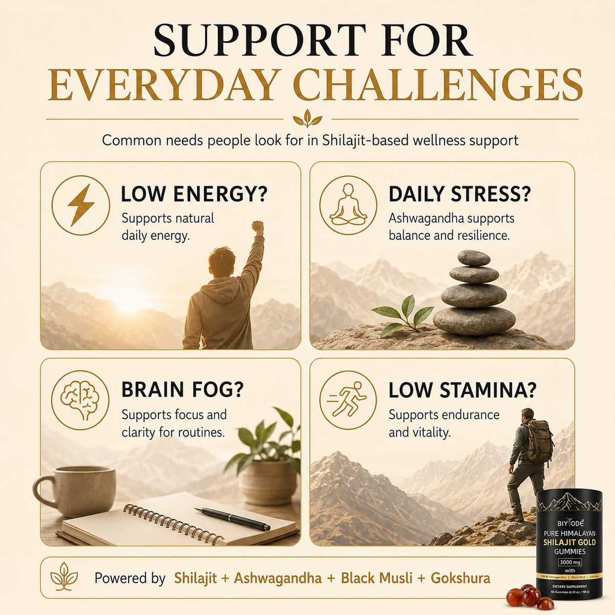 Pure Himalayan Shilajit Gold Gummies 3000mg with KSM-66® Ashwagandha, Black Musli & Gokshura