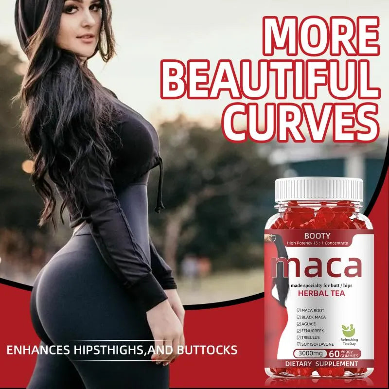 Maca Booty Herbal Tea Gummies – Healthy Curves & Hips Support Supplement with Maca Root for Women | 3000mg 60 Veggie Gummies